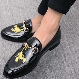 Genuine Leather Oxfords Loafers with Gold Scorpion Embroidery